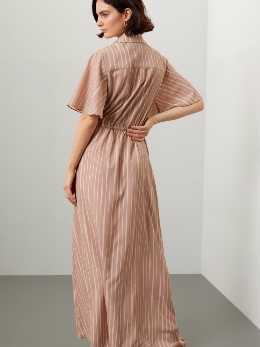 Hutch Leyton Pink Stripe Satin Shirt Maxi Dress Buttons and Drawstring Sz Small - Picture 2 of 5